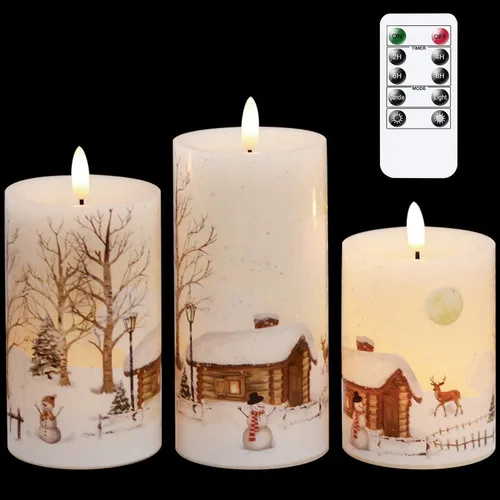 GenSwin Velas de muñeco de nieve de Navidad que funcionan con pilas, sin llama, parpadeantes con temporizador remoto, mecha 3D, velas LED de pilar