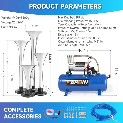 Miniatura 6 de FARBIN - Bocina de tren para camión, 178 dB, superpotente, con 4 trompetas, incluye compresor de aire 12 V de 150 PSI y tanque de 6 l (1.6 gal)