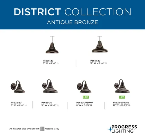 Miniatura 9 de Progress Lighting District LED Collection - Farol de pared mediana para exteriores, bronce envejecido, pantalla de metal blanco pintado, 1 luz