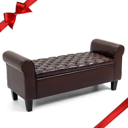 ECOTOUGE Banco de almacenamiento armado, reposapiés tapizado de cuero con tapa con bisagras para el extremo de la cama del dormitorio, modelo Marrón
