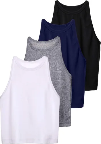 Miniatura 7 de 4 piezas de camisetas cortas básicas sin mangas para mujer, con espalda cruzada, de algodón, para uso diario