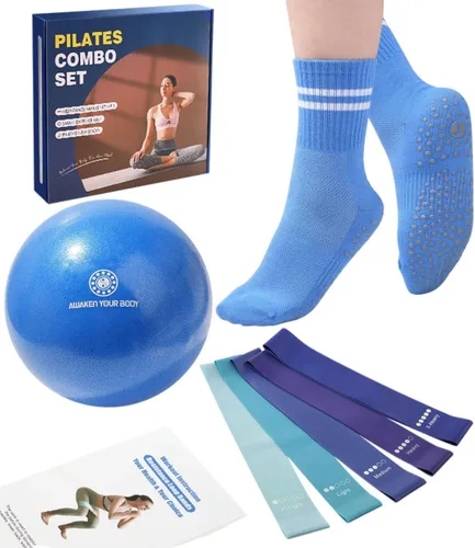 floconssy Pilates Ball Resistance Bands Grip Socks Barre Sets, Loop Exercise Bands 5 Levels, Small Yoga Ball 9 Inch, Non Slip Socks Workout Kit at
