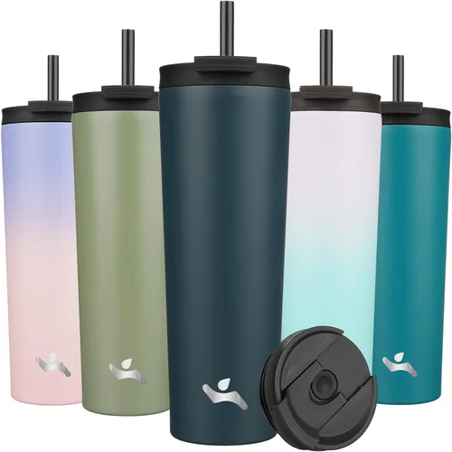 Miniatura 27 de Konokyo Vaso aislado de 18 onzas con tapa y 2 pajillas, botella de agua de acero inoxidable, taza de viaje al vacío, taza de café, color blanco ángel