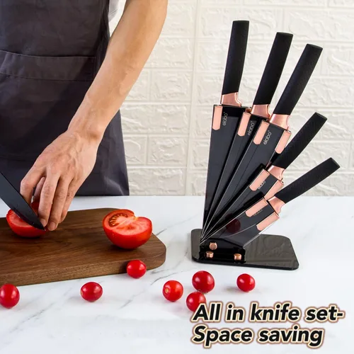 Miniatura 7 de elabo - Juego de cuchillos de cocina de acero inoxidable antiadherentes con soporte, 5 piezas, color negro, mango de oro rosa