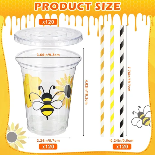Miniatura 2 de Sliner 120 vasos de decoración de fiesta de abeja de miel, vasos de plástico desechables transparentes de 12 onzas, vasos de plástico para el primer