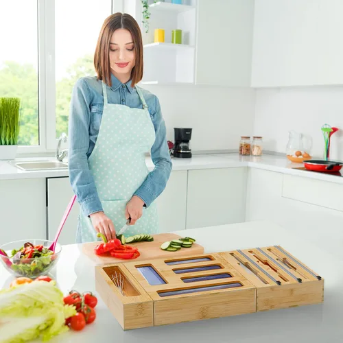Miniatura 6 de DALSHABET Organizador de cajones con bolsa de almacenamiento de bambú 9 en 1 con cortador, dispensador de papel de aluminio y envoltura de plástico
