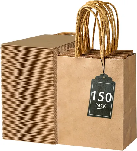 SPERPAND 150 bolsas de regalo pequeñas, bolsa de papel marrón de 6.5 pulgadas, bolsas de regalo de papel kraft para cumpleaños, baby shower,