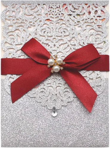 AdasBridal 25 invitaciones de corte láser con purpurina plateada con tarjetas y sobres, diseño de diamante y cinta de lujo con inserto de papel