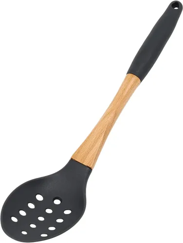 Miniatura 12 de Beille 5 utensilios de cocina de madera de nailon gris oscuro con cucharas de cocina, cucharón de sopa, cuchara espumadera y espátula, 13 pulgadas