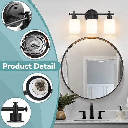 Miniatura 4 de Lámparas de baño negras de 3 luces, modernas luces de tocador sobre el espejo, apliques de pared de baño con pantalla de vidrio blanco, enchufe E26