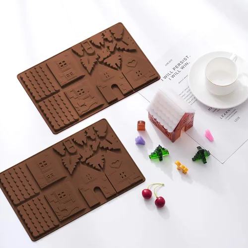 Miniatura 4 de Whaline Christams - Bandeja para hornear de casa de jengibre, moldes de silicona para postres, chocolate, dulces, galletas (2 piezas)