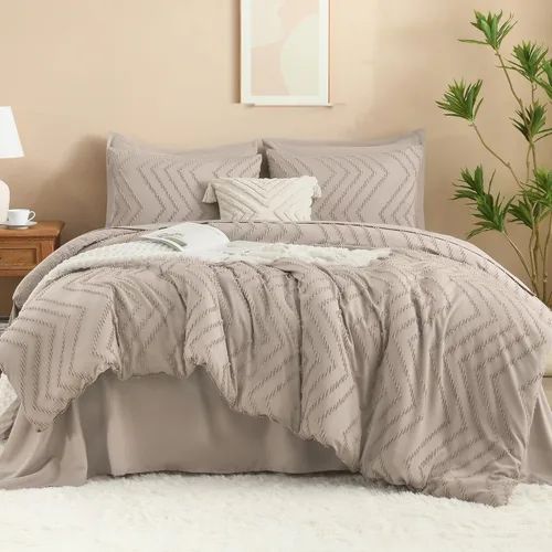Miniatura 35 de Litanika Juego de ropa de cama con edredón tamaño King con sábanas beige - Juego de 7 piezas en una bolsa, diseño King Chevron copetudo bohemio