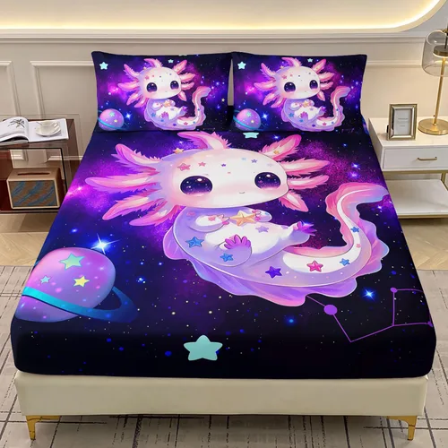 Miniatura 10 de AILONEN Axolotl - Juego de sábanas bajeras para niños, tamaño individual XL, color rosa y azul degradado kawaii, lindas sábanas de fresa salamandra