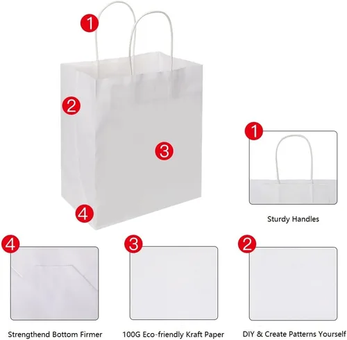 Miniatura 3 de Oikss Paquete de 100 bolsas de papel kraft blancas medianas de 8 x 4.75 x 10 pulgadas con asas a granel para favores de fiestas de cumpleaños, Blanco