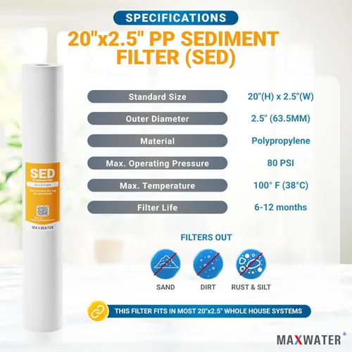 Miniatura 2 de Max Water Slim Blue SDC-25-2005 P5-20 - Cartucho de repuesto para filtro de agua de sedimentos de polipropileno fundido de 20 pulgadas x 2.5