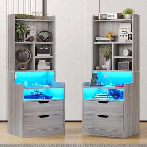Miniatura 13 de BTHFST Mesita de noche alta con luces LED y estación de carga, mesita de noche LED negra con estantes y 2 cajones, mesita de noche con estantería