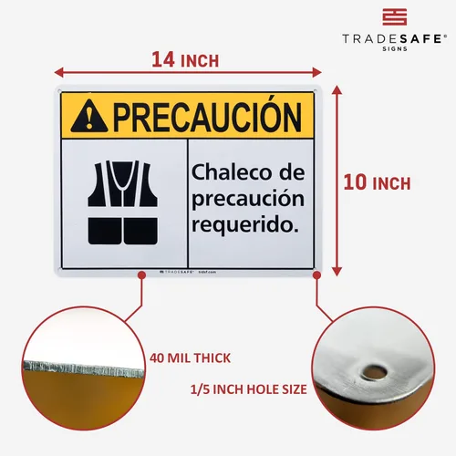 Miniatura 3 de TRADESAFE Señal de seguridad con chaleco de seguridad de EPI – Chaleco de Precaución Requerido en español, señal de seguridad de aluminio