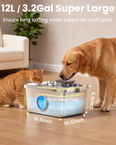 Miniatura 3 de Fuente de agua para perros de 12 litros, fuente de agua de acero inoxidable para perros grandes, gatos, hogar múltiple, fuente silenciosa