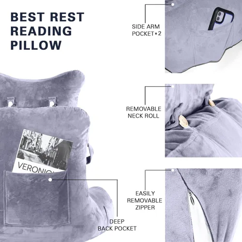 Miniatura 6 de Almohada de lectura - Extra grande de 31" almohada de descanso para cama con rollo de cuello desmontable y brazos para sentarse en la cama o sofá