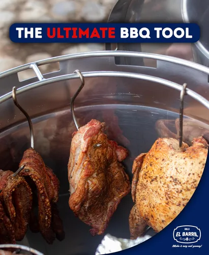 Miniatura 3 de El Barril Lite Parrilla Ahumadora de Barril Grande, Acero Inoxidable 430, Capacidad de 45 Libras, 14 Ganchos para Carne, Parrilla Superior y Mango