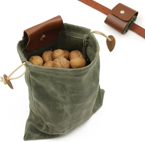 Miniatura 10 de Bolsa de forrajeo de lona encerada de piel sintética, plegable, para exteriores, bolsa de forrajeo para caza de hongos, cinturón de bushcraft, Caqui