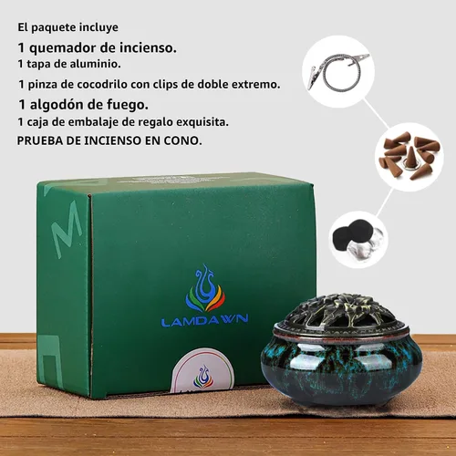 Miniatura 4 de Censer - Quemador de incienso azul cielo con soporte para varillas de incienso de calabaza - Incensario de porcelana para carbón para uso con resina
