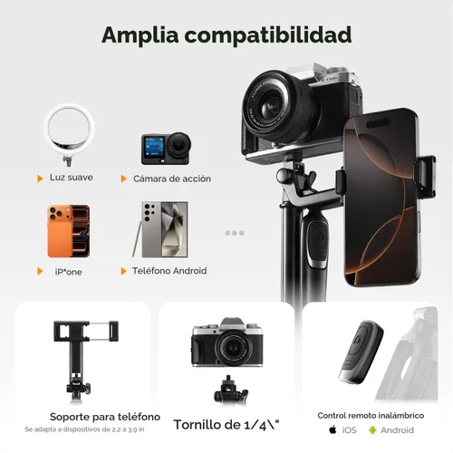Miniatura 7 de K&F CONCEPT - Trípode para teléfono de 69 pulgadas, con apertura automática para selfie con 4 patas y mango estabilizador, soporte de trípode