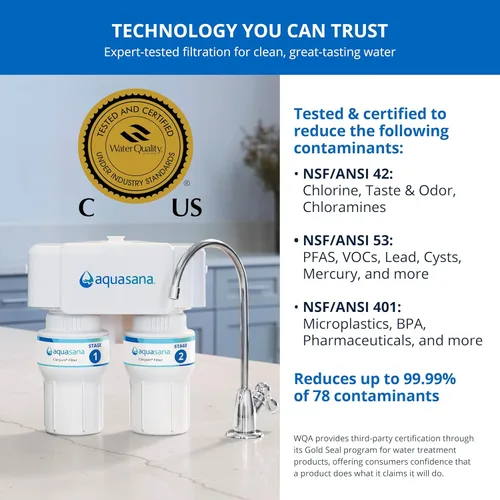 Miniatura 4 de Aquasana Filtro de agua para debajo del fregadero Filtración de 2 etapas Reduce hasta un 99.99% de PFAS, plomo, cloro, quistes y más Filtro