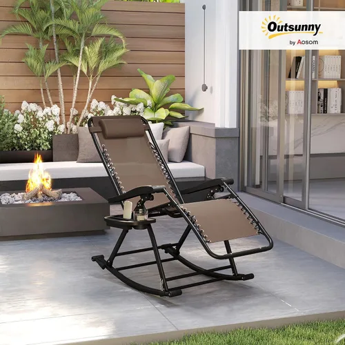 Miniatura 2 de Outsunny Mecedoras para exteriores, plegables, reclinables, de gravedad cero, mecedora de descanso con almohada, portavasos y soporte para teléfono