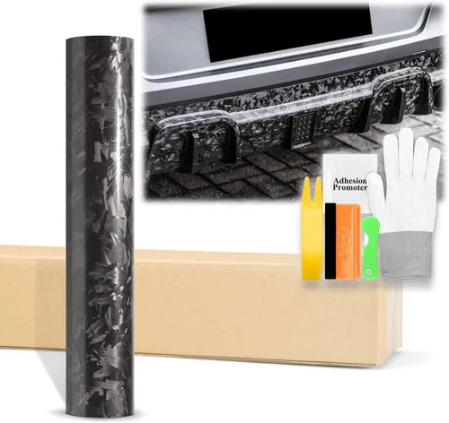 Miniatura 12 de 2 piezas de 4"x8" (10cm x 20cm) Muestra Vinilo Texturizado de Fibra de Carbono Forjada Cortada 24K Negro Brillante para Envolver Auto Carro