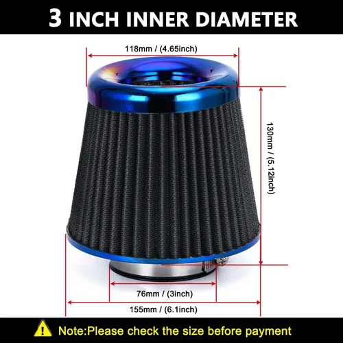Miniatura 2 de Filtro de admisión de aire frío, alto rendimiento, filtro lavable, filtro de aire de reemplazo con abrazadera, diámetro de brida 76 mm/3 pulgadas