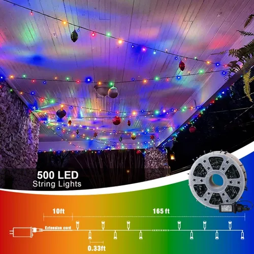 Miniatura 2 de QITONG Guirnalda de 500 luces LED de Navidad de 165 pies para exteriores, impermeable, luces multicolor con 8 modos, cable verde, luces parpadeantes