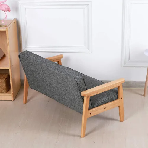 Miniatura 9 de Sofá de doble plaza para niños, sofá para niños con brazo de madera maciza y patrón de lino de PVC para el descanso de los niños (gris oscuro)