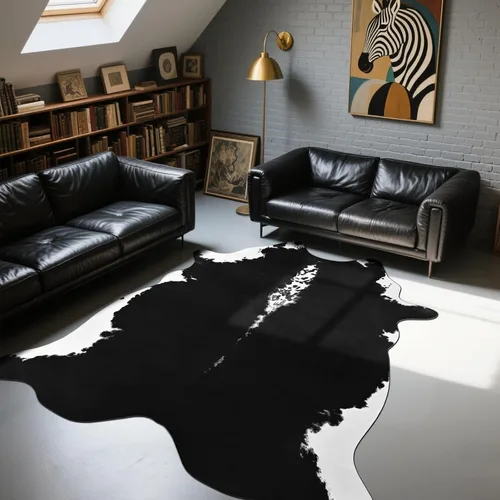Miniatura 5 de BENRON Alfombra Premium de Piel de Vaca Negro, Alfombras de Piel de Vaca Sintética para Sala de Estar Dormitorio Decoración del Hogar Occidental