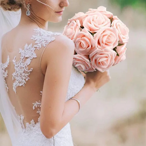 Miniatura 5 de Higfra Flores artificiales, 25 rosas falsas de espuma de aspecto real con tallos para ramos de boda, centros de mesa de despedida de soltera, Brillo