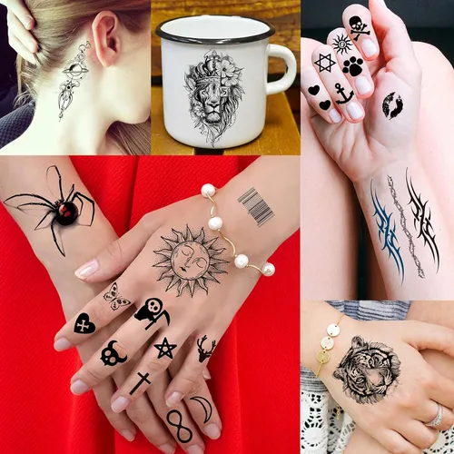 Miniatura 5 de COKTAK 66 hojas de tatuajes temporales de animales negros pequeños para mujeres, hombres, niños, dedo, brazo, pequeño espacio luna Halloween