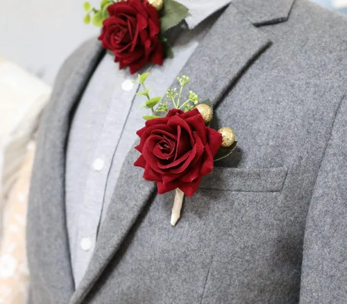 Flores artificiales de rosas rojas ramillete de muñeca accesorios de boda Broche de matrimonio