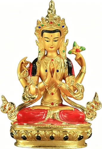 6" color dorado tántrico coloreado Fengshui cuatro brazos Avalokitesvara Guanyin aleación de cobre budista estatua