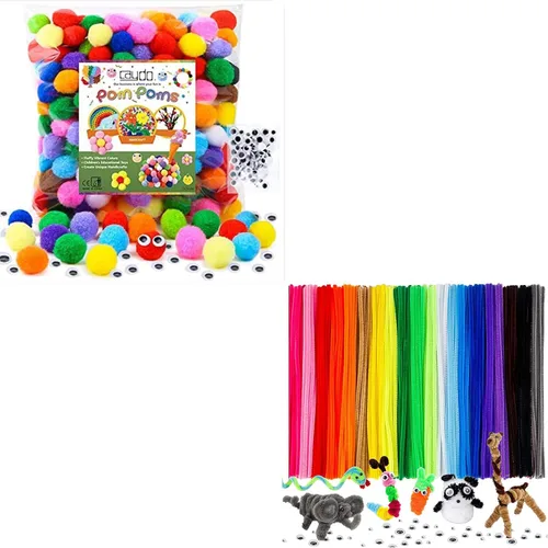 Caydo 300 pompones surtidos de 1 pulgada con 100 piezas de ojos ondulantes con 200 limpiadores de pipas con 100 ojos ondulantes para arte y