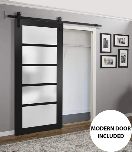 Miniatura 4 de SARTODOORS Panel de puerta de granero de losa de vidrio esmerilado de 42 x 80 pulgadas Quadro 4002 negro mate Puertas con acabado resistente