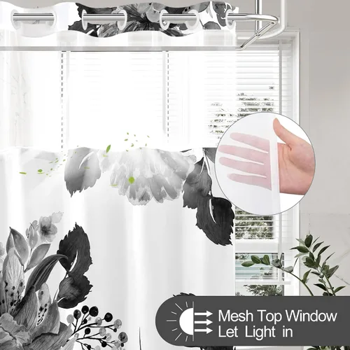 Miniatura 2 de Juego de cortina de ducha y forro sin gancho, cortinas de ducha florales negras para baño, juegos de cortinas de baño de hotel moderno con forro a