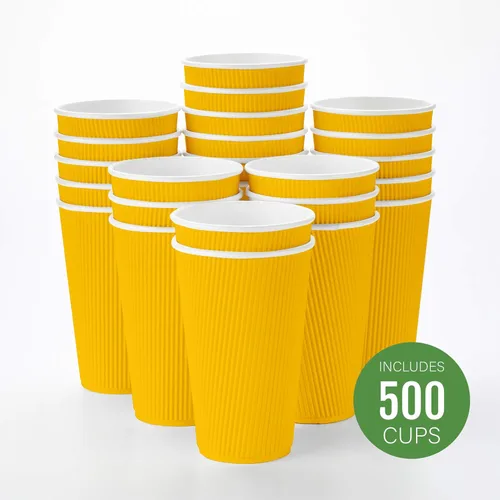 Miniatura 2 de Restaurantware 16 onzas Tazas de papel desechables con pared ondulada, 500 vasos de papel amarillo aislados con diseño de borde enrollado, tapas