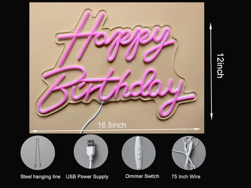 Miniatura 4 de Letrero LED de neón de feliz cumpleaños, luz nocturna, decoración de fiesta de cumpleaños, funciona con USB, color rosa, funciona con USB