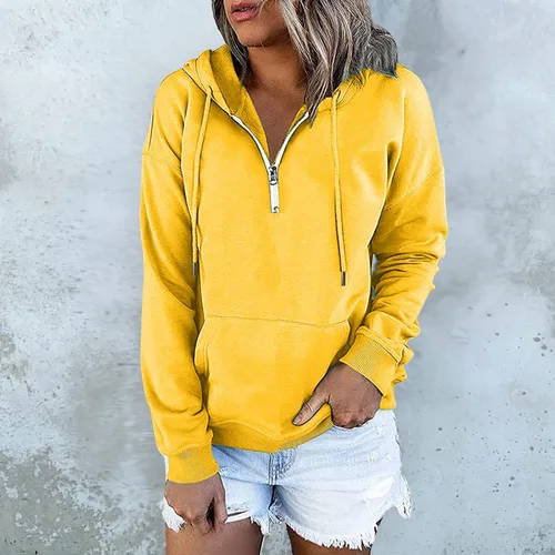 Miniatura 2 de Sudaderas con capucha y cordón para mujer, estilo casual, con capucha, cuello con cremallera, manga larga, sueltas, Beige