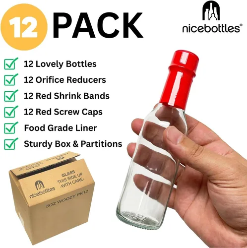 Miniatura 2 de nicebottles Botellas de salsa picante con tapas rojas y bandas retráctiles, 5 onzas, paquete de 12 Gorras rojas y bandas retráctiles