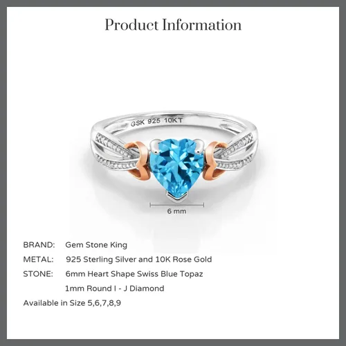 Miniatura 5 de Gem Stone King Anillo de compromiso con piedra preciosa y diamantes con forma de corazón de 0.236 in Plata 925 y oro rosa de 10 quilates Anillo