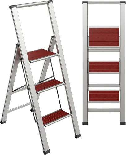 Miniatura 21 de Escalera plegable de 1 escalón, decorativa, hermosa caoba y aluminio negro, perfil ultra delgado, peldaños antideslizantes, resistente y portátil