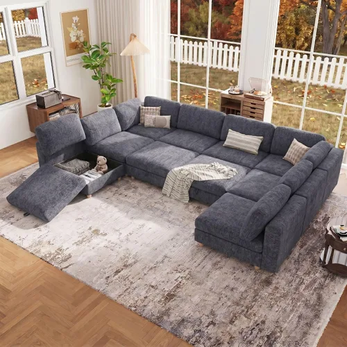 Miniatura 16 de 95.5" Sofá seccional modular de chenilla con almacenamiento oculto, sofá cama convertible en forma de L y U, sofá seccional moderno de 6 plazas