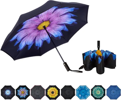 Miniatura 8 de Paraguas invertido de doble capa, plegado automático, reversible, resistente al viento y a los rayos UV, para lluvia, coche, viaje, al aire libre