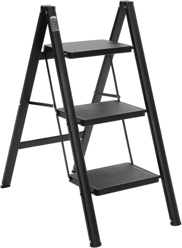 BOCOM Escalera de 3 escalones, taburete plegable ligero y portátil de metal de hierro resistente con pedal ancho antideslizante, capacidad de carga
